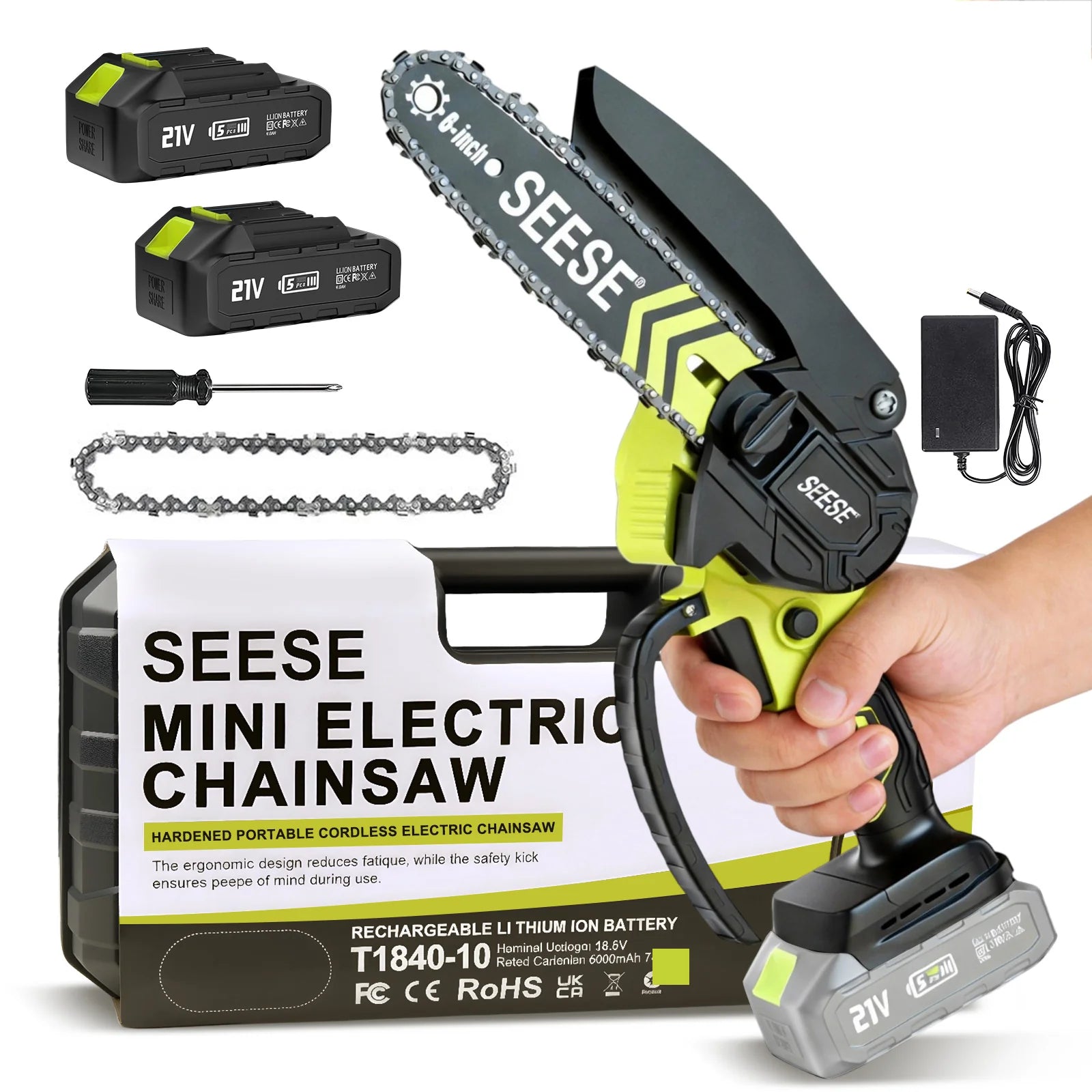 SEESE Brushless Mini ChainSaw - Portable Electric Cordless Saw for Wood Cutting, Batteries (2000mAh) ,Pruning, Gardening, Camping - Suitable for Seniors, Women