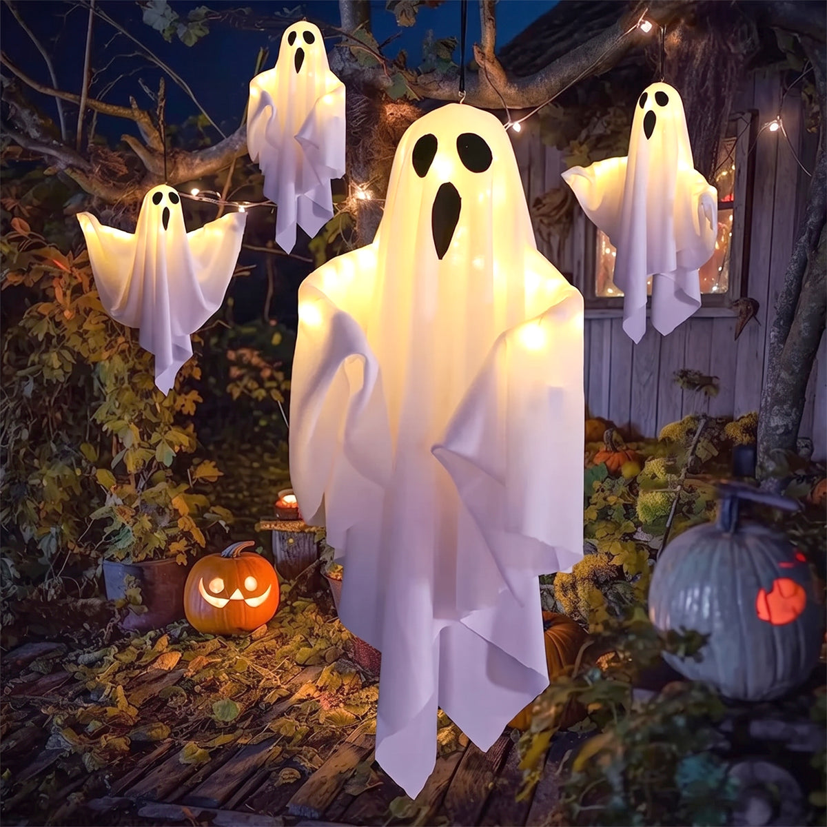 Hanging Ghost Lights - Warm LED Porch Decor