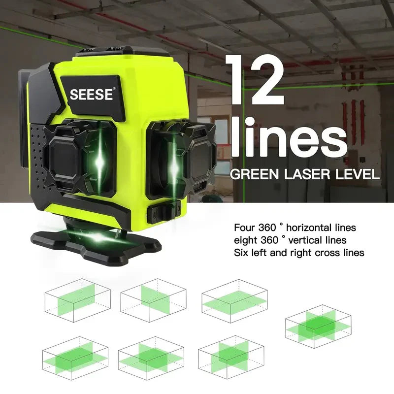 SEESE 12-Line Green Laser Level 3x360° Self-Leveling, Remote Control, Dual Batteries, Full Accessories for Tile, Cabinet & Home Improvement ,Gift for Thanksgiving,Christmas,New Year