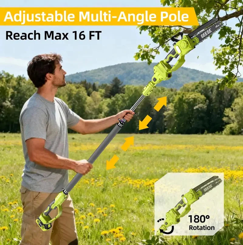 SEESE 2-in-1 Brushless Mini Chainsaw, 8" Electric Telescopic Pruner with 2×21V Batteries, 60° Adjustable Head and Shoulder Strap, Max Reach 15ft