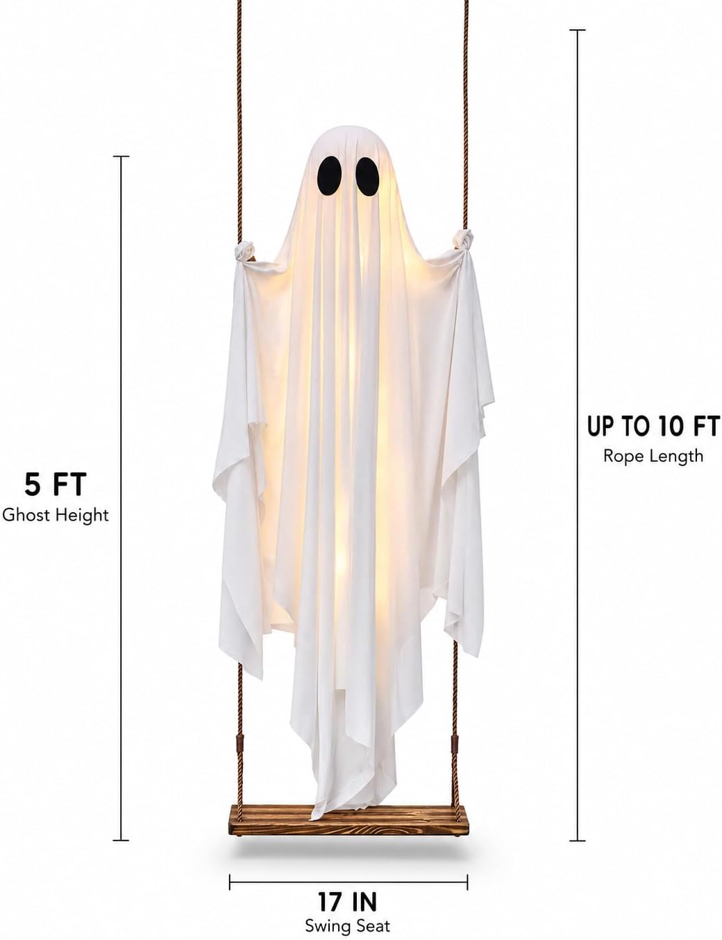 Halloween Decorations Outdoor - 5 FT Large Hanging Swing Ghost Halloween Decor with String Lights, Spooky Cute Ghosts Decorations for Front Porch Yard Tree