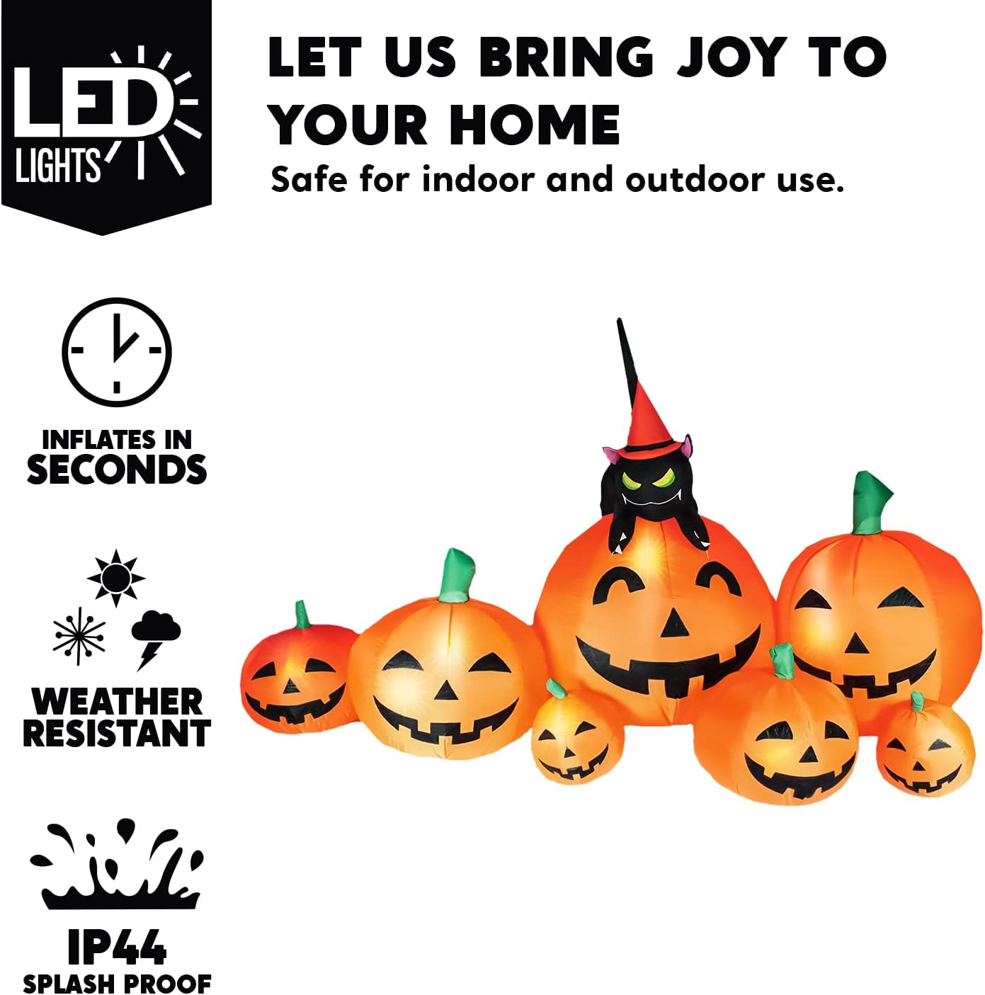 Joiedomi 7 FT Long Halloween Inflatables Pumpkin Outdoor Decorations, 7 Pumpkins Outside Decoration with Witch's Cat with Build-in LEDs Blow Up Inflatables for Party Yard Lawn Garden Decor