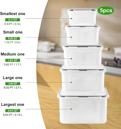5 Pack Fruit Storage Containers for Fridge Produce Saver w/ Removable Colander