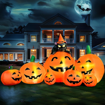Joiedomi 7 FT Long Halloween Inflatables Pumpkin Outdoor Decorations, 7 Pumpkins Outside Decoration with Witch's Cat with Build-in LEDs Blow Up Inflatables for Party Yard Lawn Garden Decor