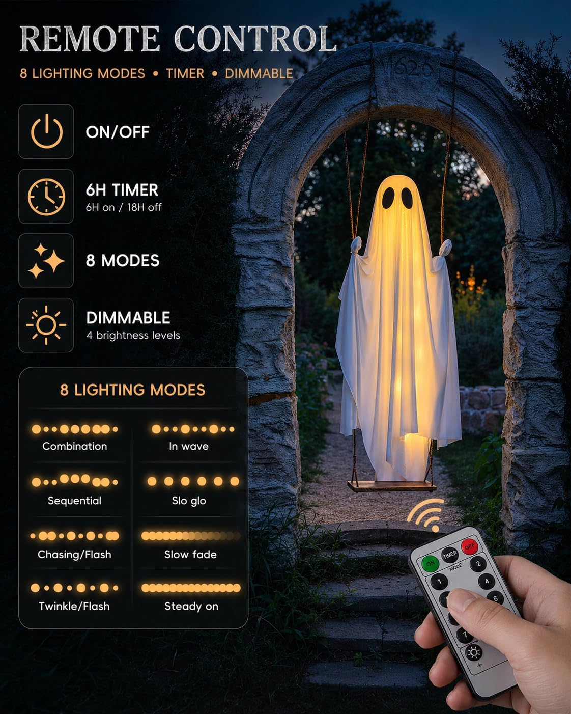 Halloween Decorations Outdoor - 5 FT Large Hanging Swing Ghost Halloween Decor with String Lights, Spooky Cute Ghosts Decorations for Front Porch Yard Tree