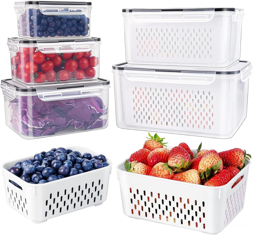 5 Pack Fruit Storage Containers for Fridge Produce Saver w/ Removable Colander