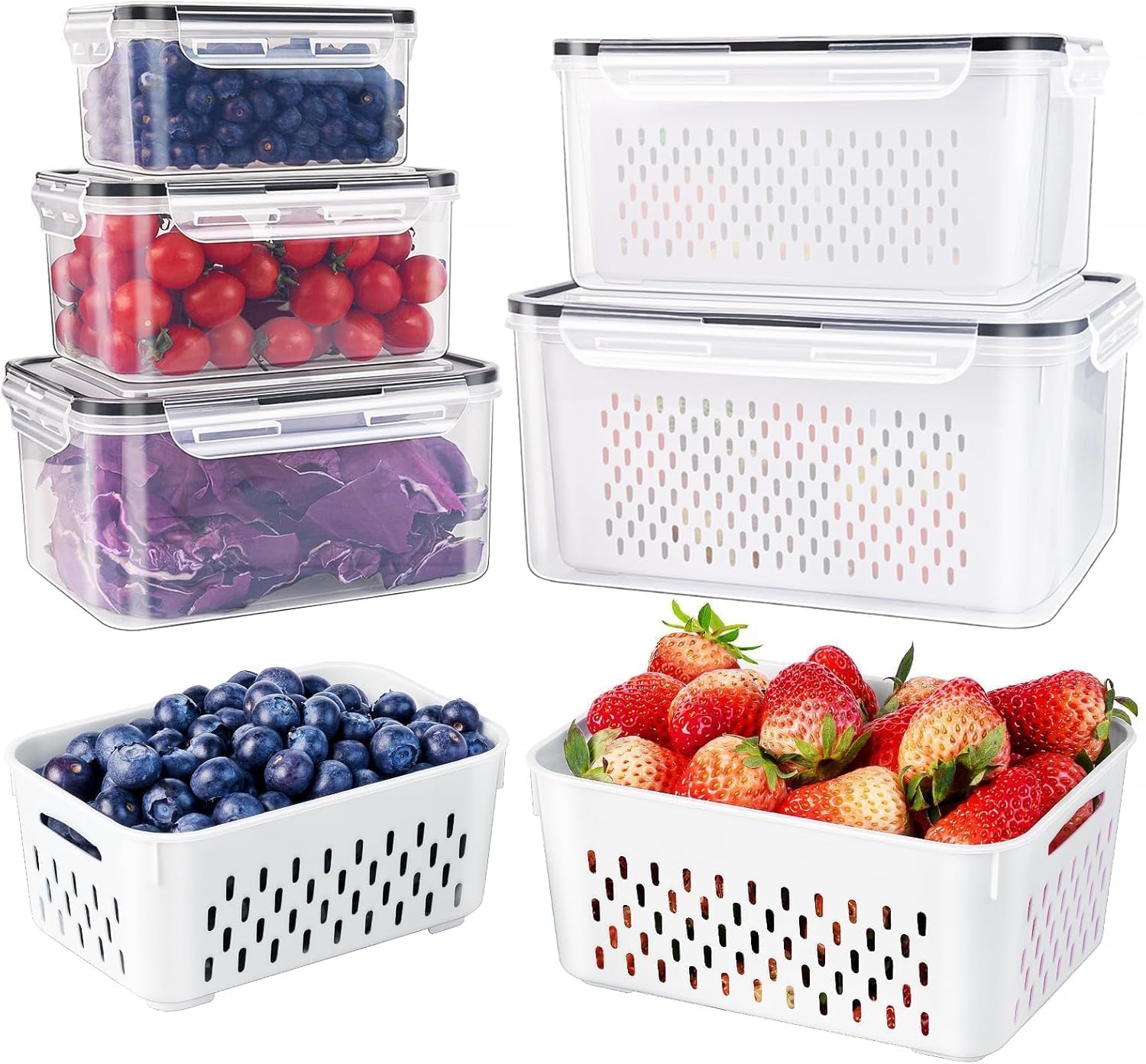 5 Pack Fruit Storage Containers for Fridge Produce Saver w/ Removable Colander