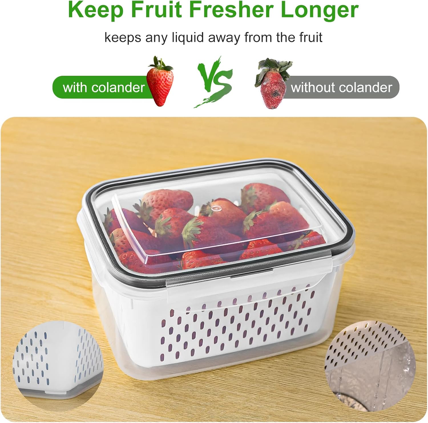 5 Pack Fruit Storage Containers for Fridge Produce Saver w/ Removable Colander