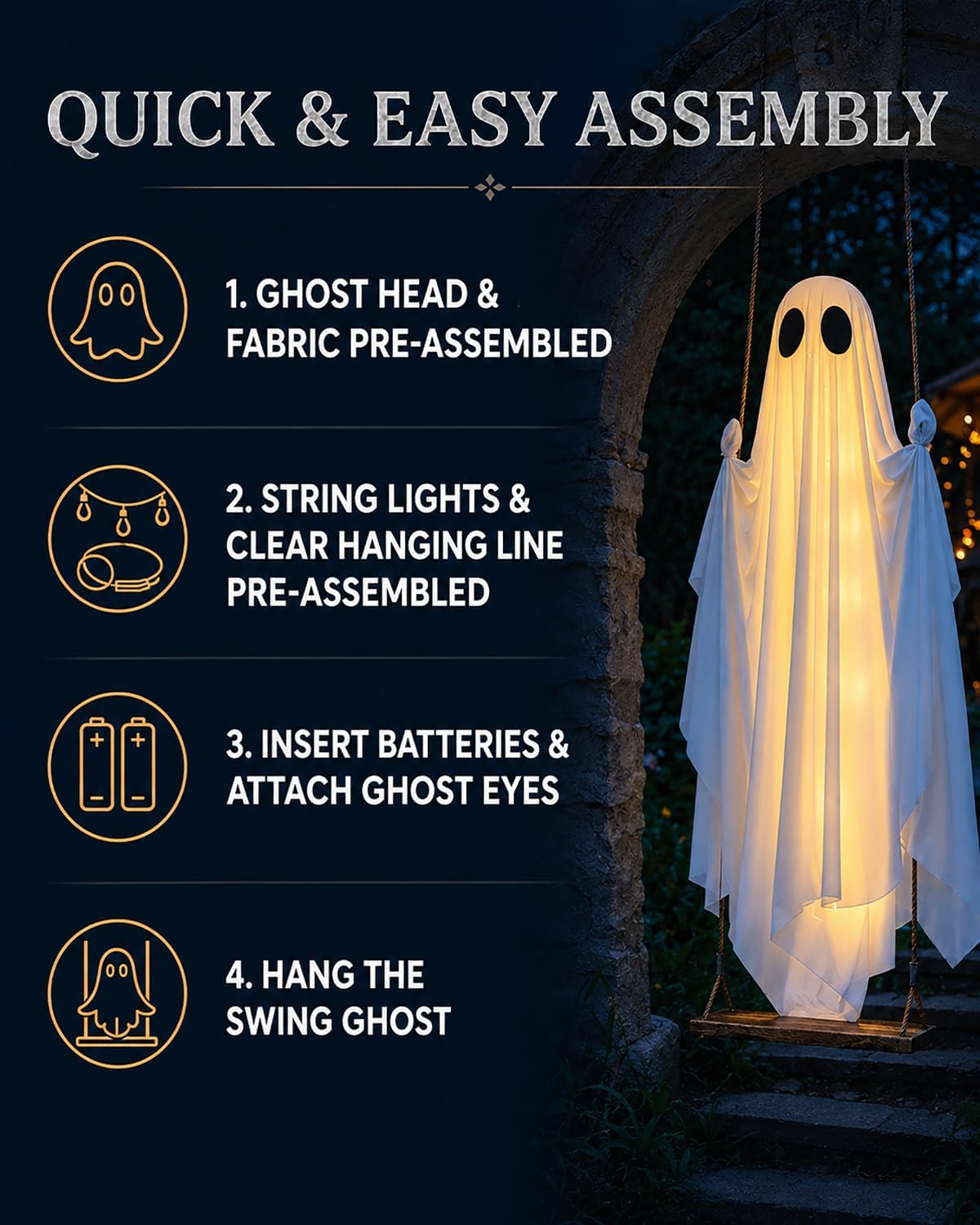 Halloween Decorations Outdoor - 5 FT Large Hanging Swing Ghost Halloween Decor with String Lights, Spooky Cute Ghosts Decorations for Front Porch Yard Tree