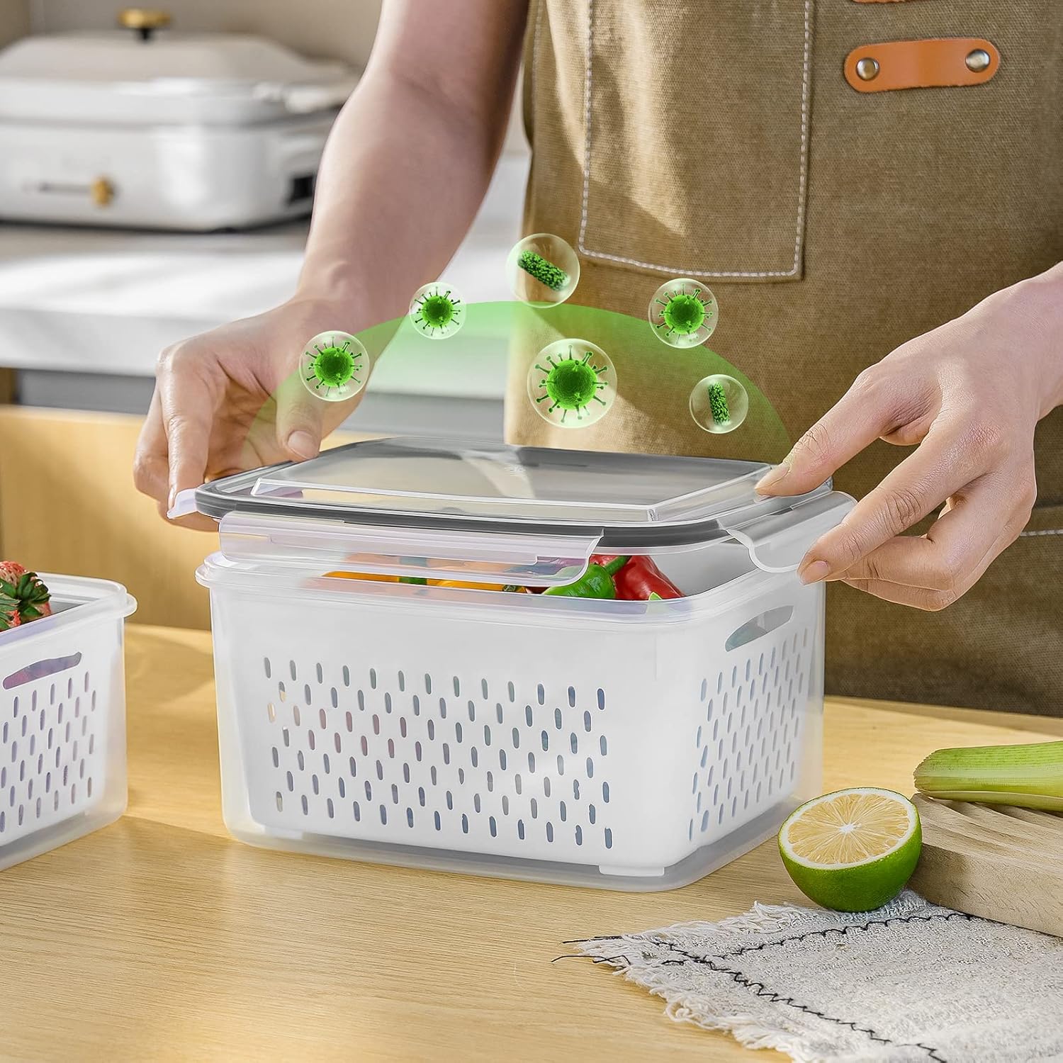 5 Pack Fruit Storage Containers for Fridge Produce Saver w/ Removable Colander