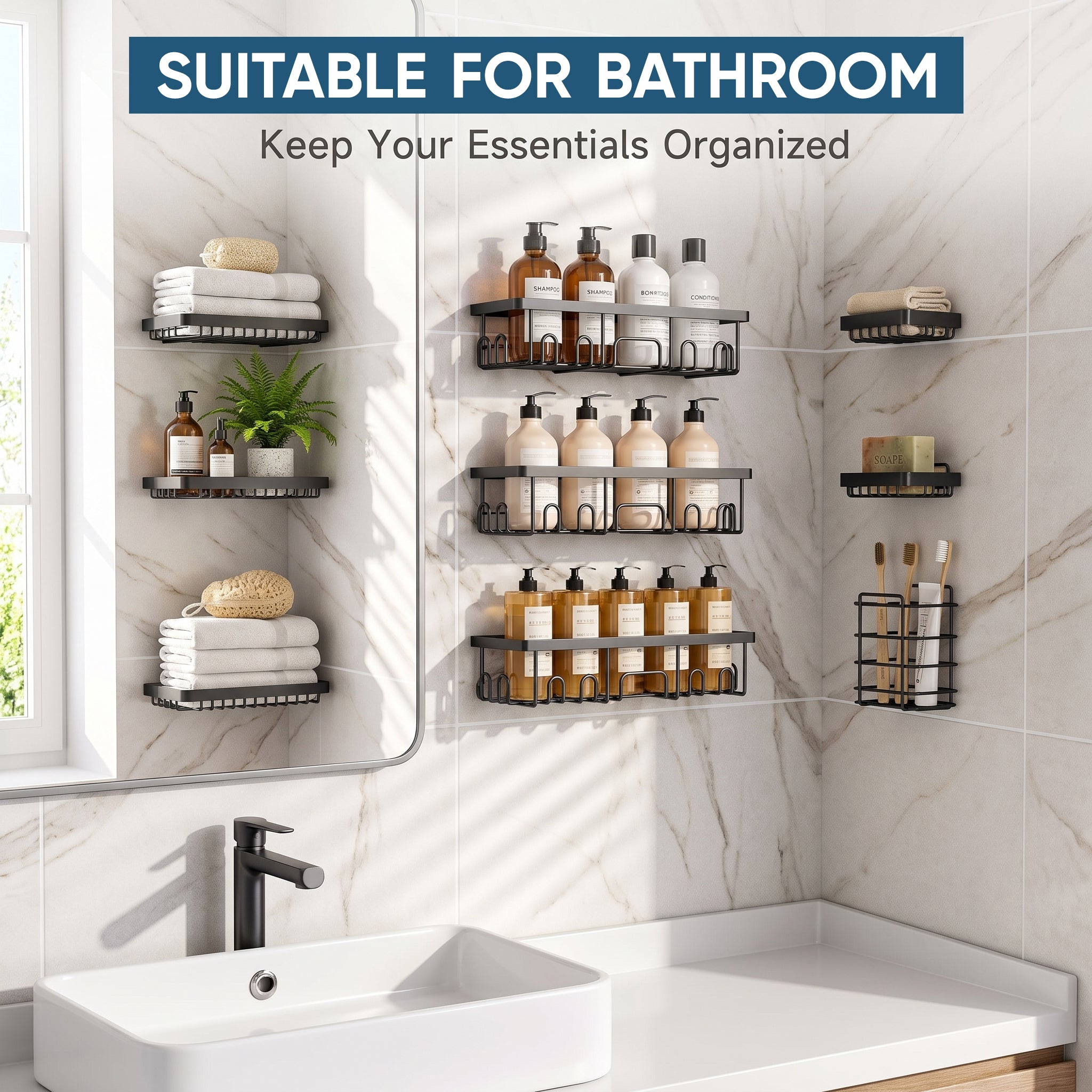 5-Piece Stainless Steel Shower Caddy Set – No-Drill Bathroom Storage