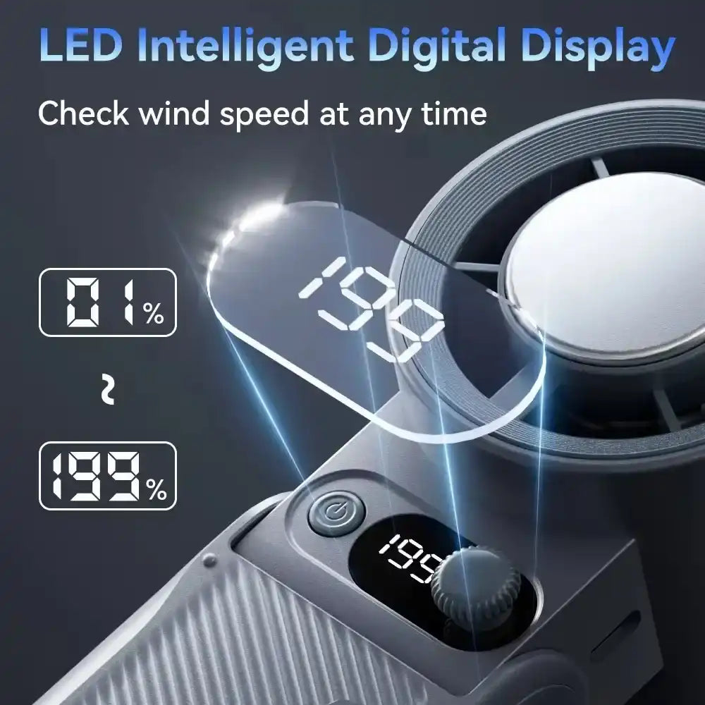 Portable Handheld Turbo Fan with 199 Gear Levels Strong Wind Speed LED Digital Display 135°Foldable 3-in-1 Outdoor Use 8000mAh F