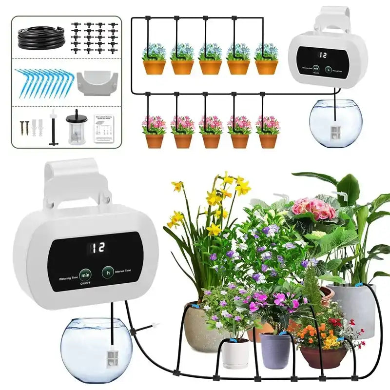 Garden Irrigation Controller with Timed Automatic Watering Device Built-in 1800mAh Battery Plant Watering System USB Charging