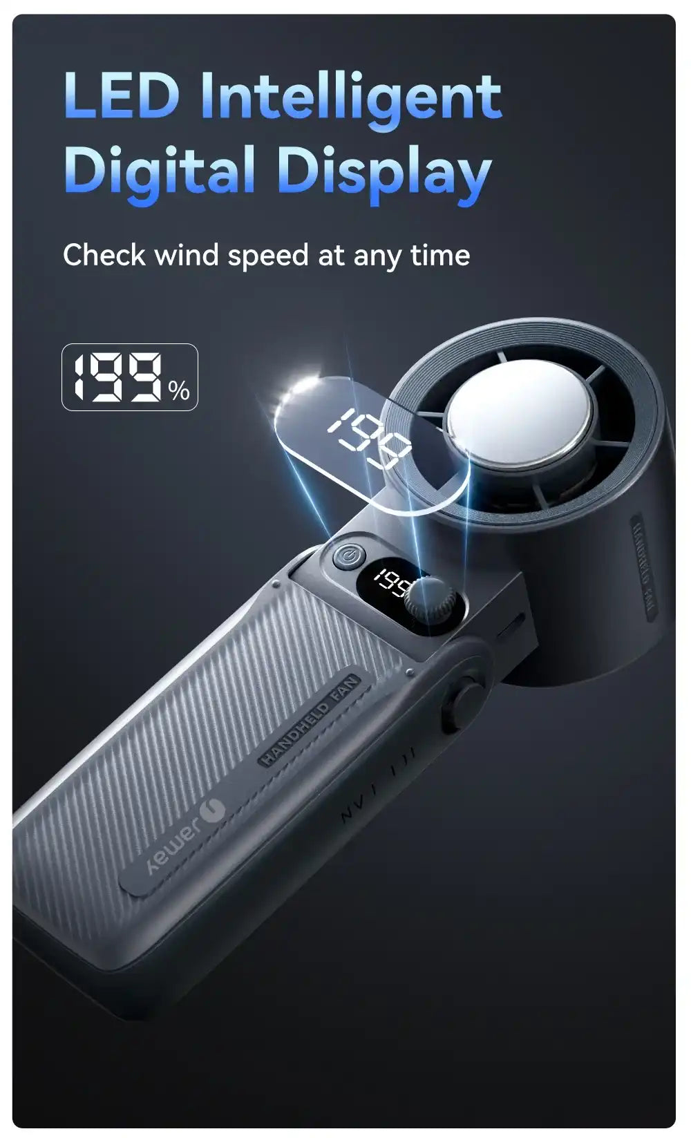 Portable Handheld Turbo Fan with 199 Gear Levels Strong Wind Speed LED Digital Display 135°Foldable 3-in-1 Outdoor Use 8000mAh F