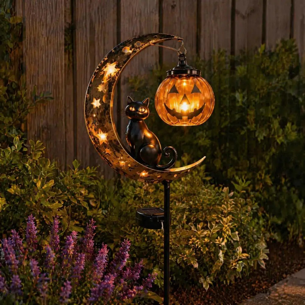 Solar Halloween Lights Halloween Solar Garden Stake Lights Jack-o-lantern Moon Cat Silhouette Waterproof Metal Outdoor Pathway