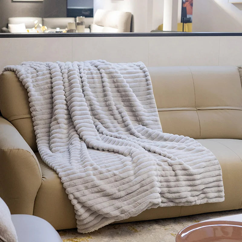 Thick Solid Faux Rabbit Hair Ribbed Blanket Simple Soft Office Nap Sofa Blankets Skin-Friendly Fluffy Autumn and Winter Quilt