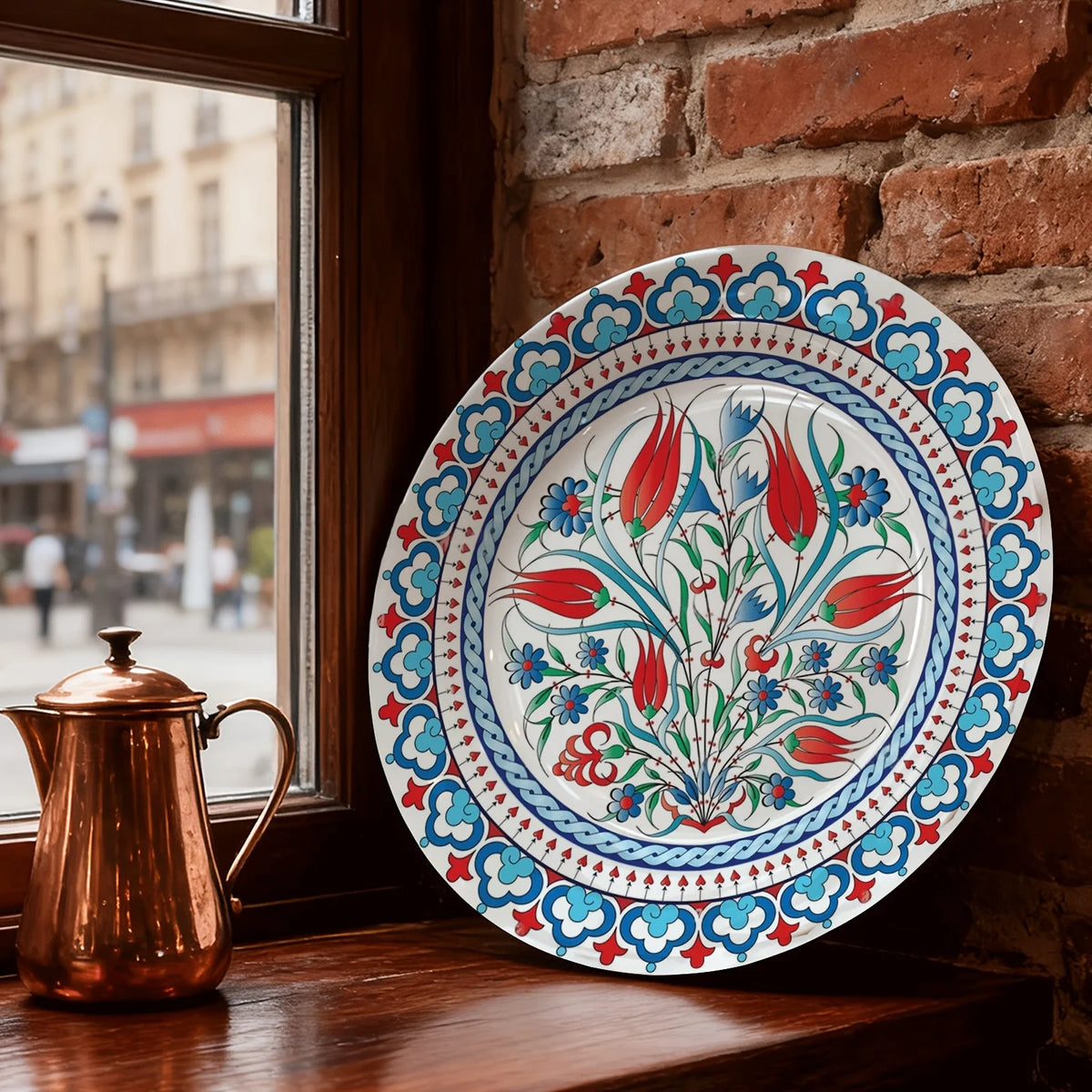 Single Decorative Plate with Turkish Floral Print, Exquisite Red and Blue Pattern, Non-Food Contact Ceramic Wall Art, Suitable