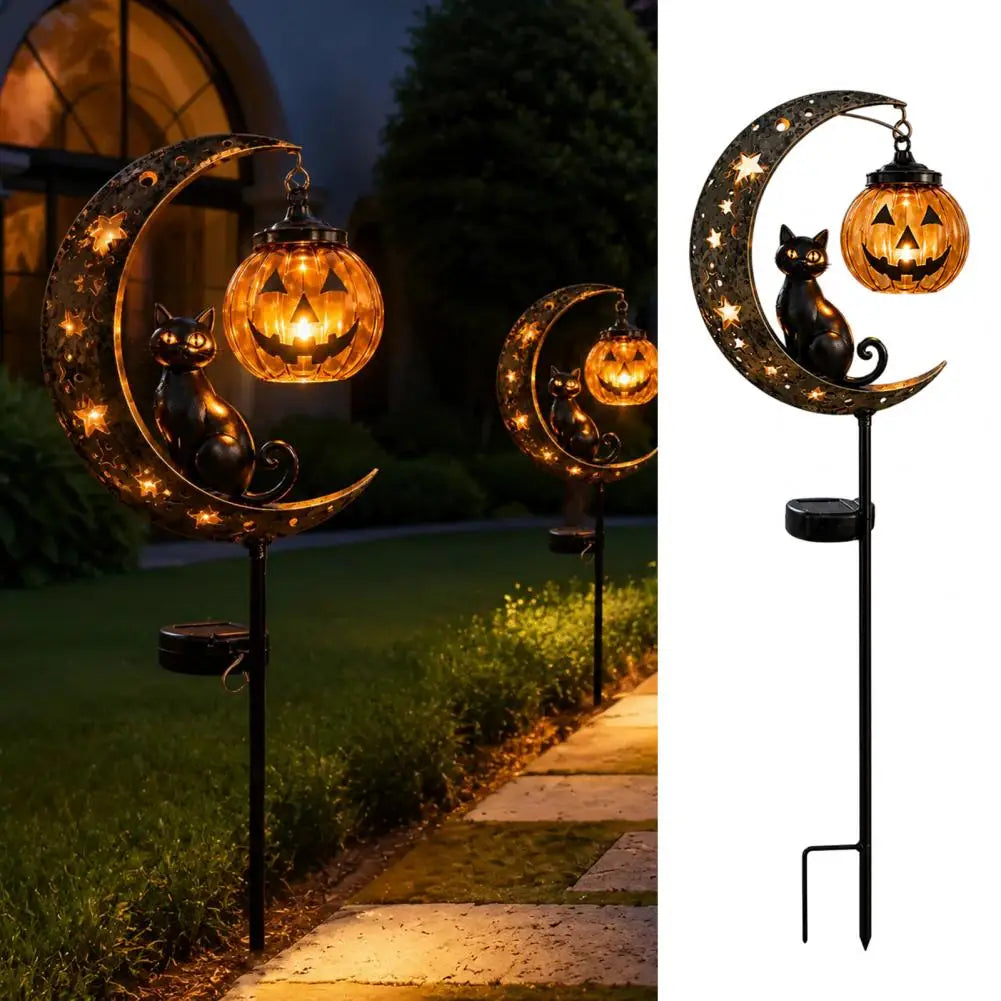 Solar Halloween Lights Halloween Solar Garden Stake Lights Jack-o-lantern Moon Cat Silhouette Waterproof Metal Outdoor Pathway