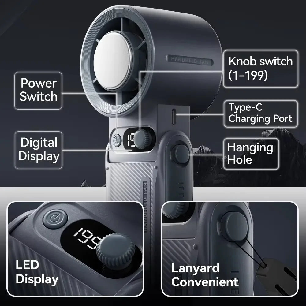 Portable Handheld Turbo Fan with 199 Gear Levels Strong Wind Speed LED Digital Display 135°Foldable 3-in-1 Outdoor Use 8000mAh F