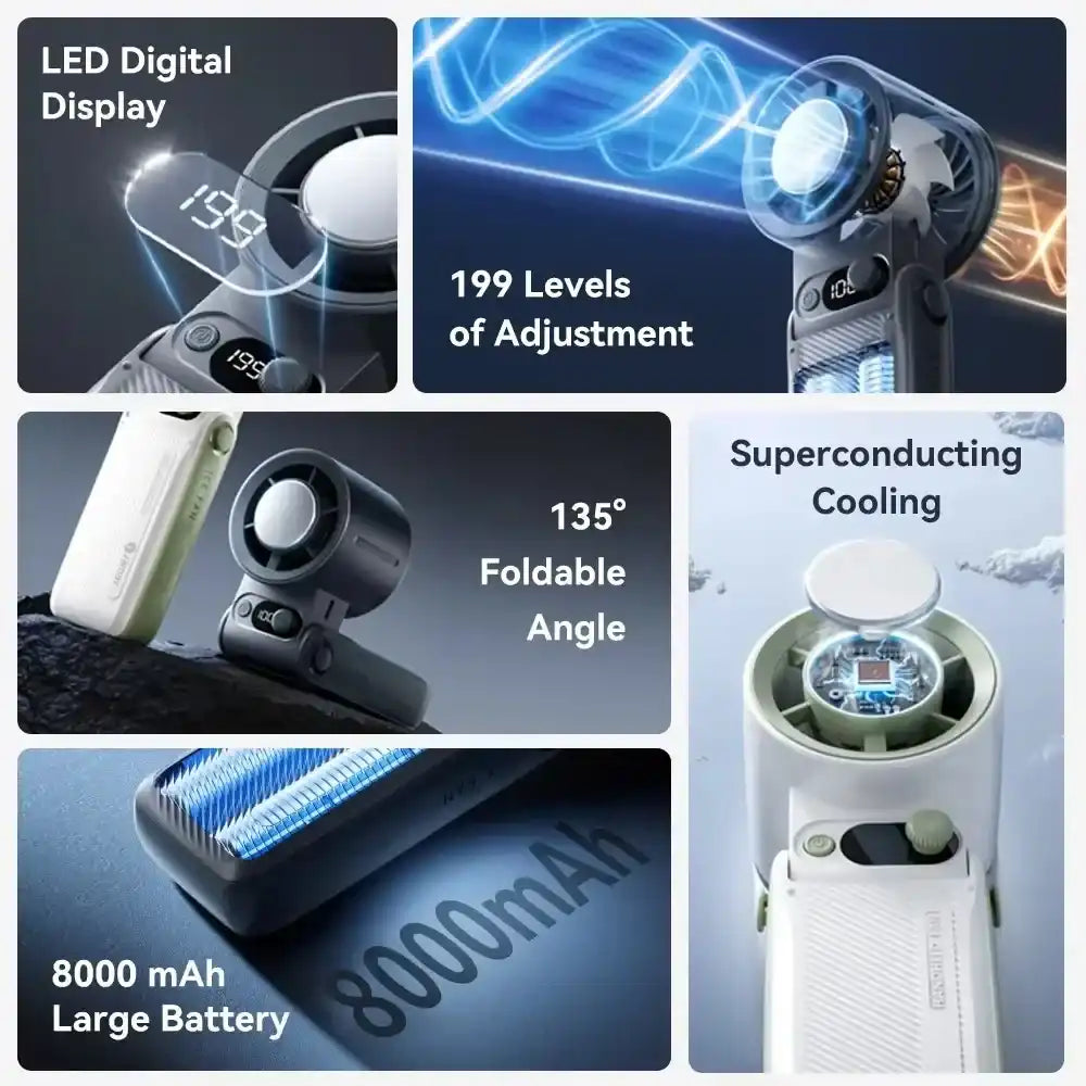 Portable Handheld Turbo Fan with 199 Gear Levels Strong Wind Speed LED Digital Display 135°Foldable 3-in-1 Outdoor Use 8000mAh F
