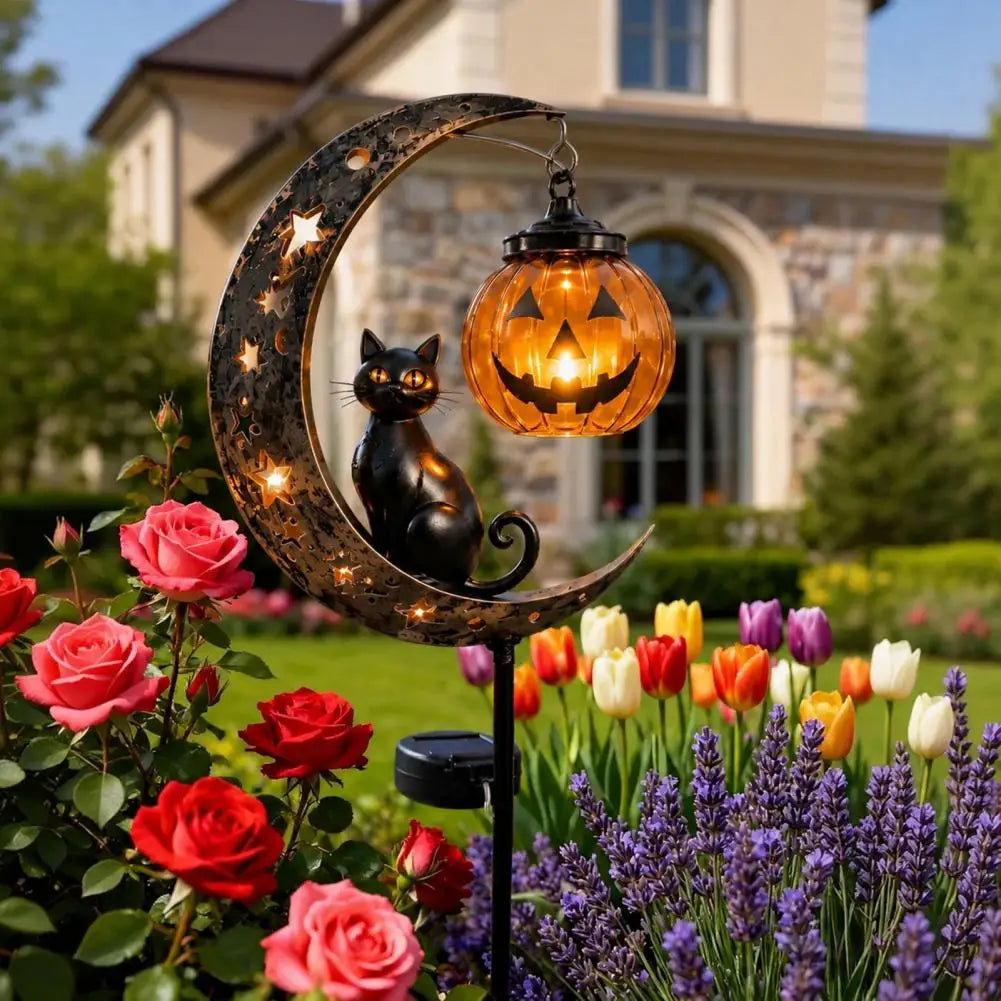 Solar Halloween Lights Halloween Solar Garden Stake Lights Jack-o-lantern Moon Cat Silhouette Waterproof Metal Outdoor Pathway