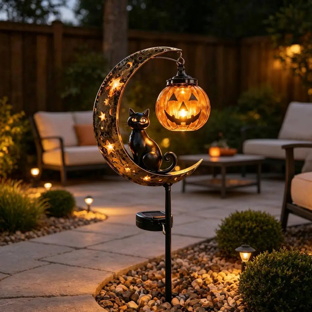 Solar Halloween Lights Halloween Solar Garden Stake Lights Jack-o-lantern Moon Cat Silhouette Waterproof Metal Outdoor Pathway