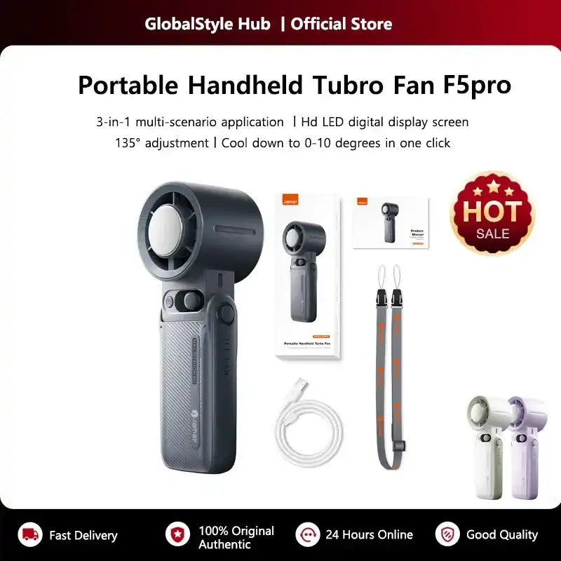 Portable Handheld Turbo Fan with 199 Gear Levels Strong Wind Speed LED Digital Display 135°Foldable 3-in-1 Outdoor Use 8000mAh F
