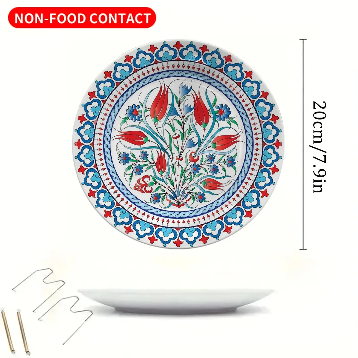 Single Decorative Plate with Turkish Floral Print, Exquisite Red and Blue Pattern, Non-Food Contact Ceramic Wall Art, Suitable