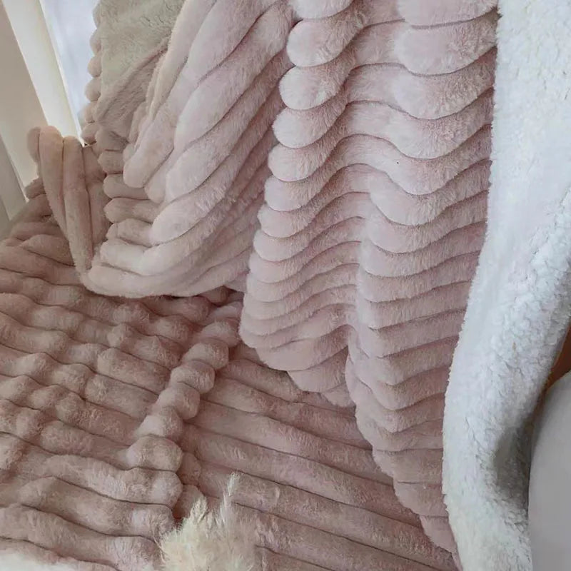 Thick Solid Faux Rabbit Hair Ribbed Blanket Simple Soft Office Nap Sofa Blankets Skin-Friendly Fluffy Autumn and Winter Quilt