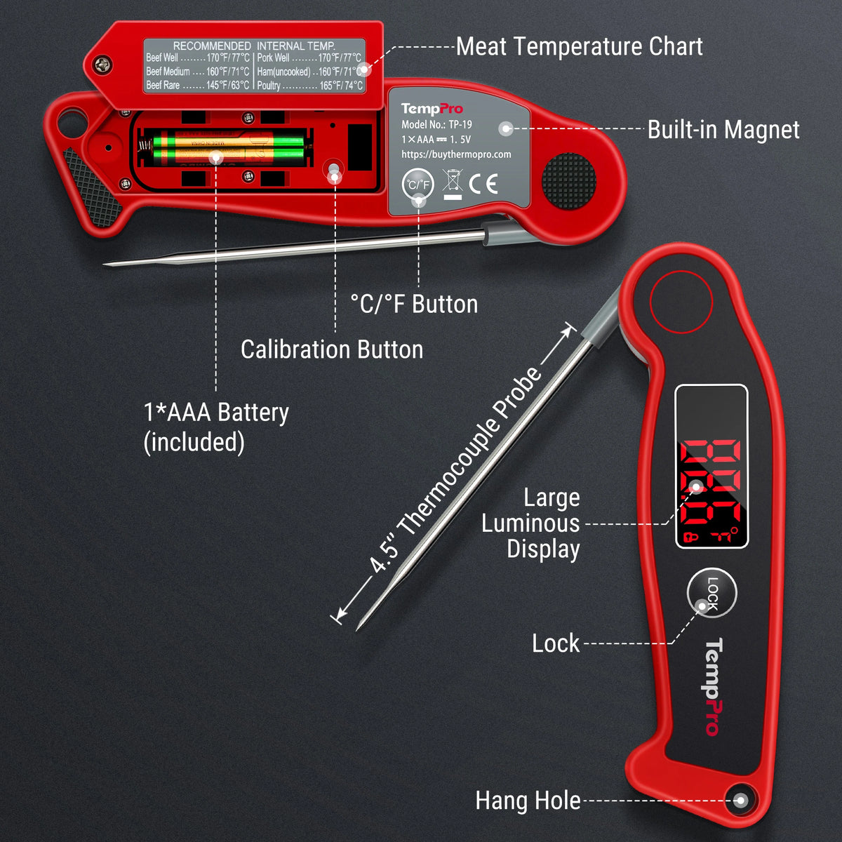TempPro TP-19 Fast Reading Waterproof LED Display Antimicrobial Meat Thermometer Digital BBQ Thermometer With Backlight