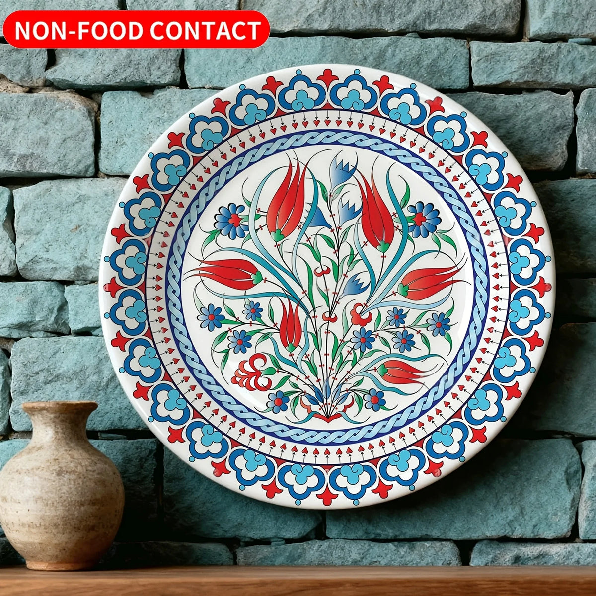 Single Decorative Plate with Turkish Floral Print, Exquisite Red and Blue Pattern, Non-Food Contact Ceramic Wall Art, Suitable