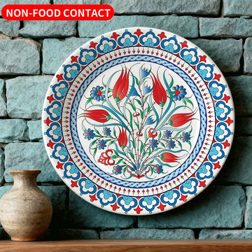 Single Decorative Plate with Turkish Floral Print, Exquisite Red and Blue Pattern, Non-Food Contact Ceramic Wall Art, Suitable