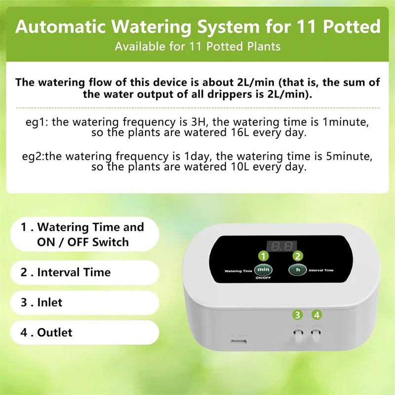 Garden Irrigation Controller with Timed Automatic Watering Device Built-in 1800mAh Battery Plant Watering System USB Charging