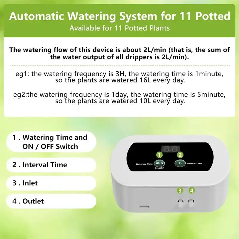 Garden Irrigation Controller with Timed Automatic Watering Device Built-in 1800mAh Battery Plant Watering System USB Charging