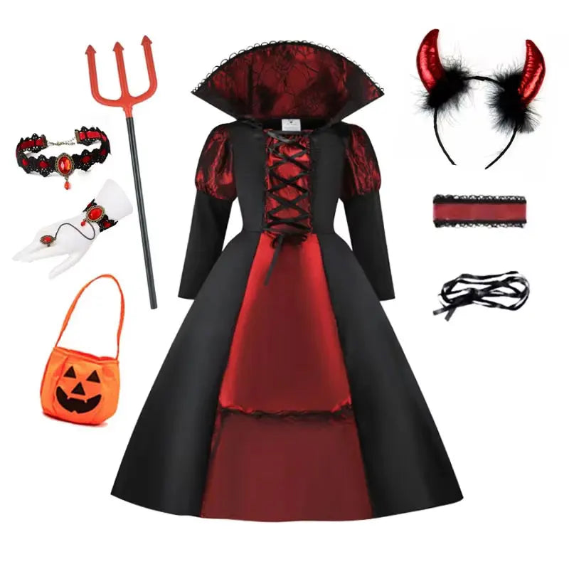girls-vampire-devil-costume-set-trident-pumpkin-bag-zaranss-mart