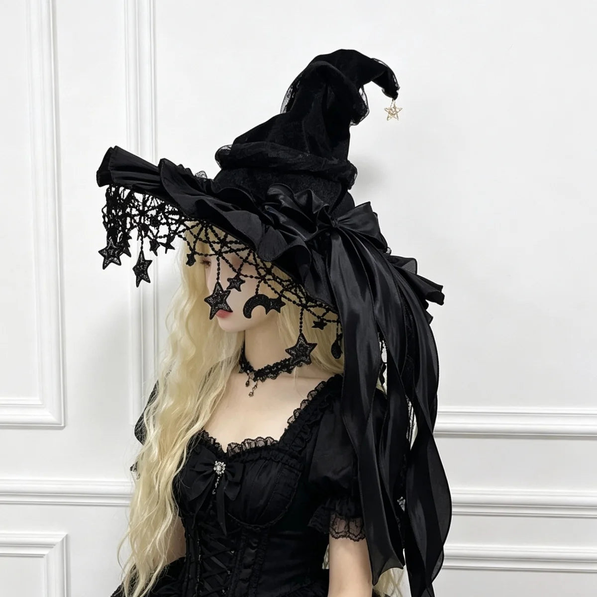 velvet-witch-hat-front-view-worn-black-lace-zaranss-mart