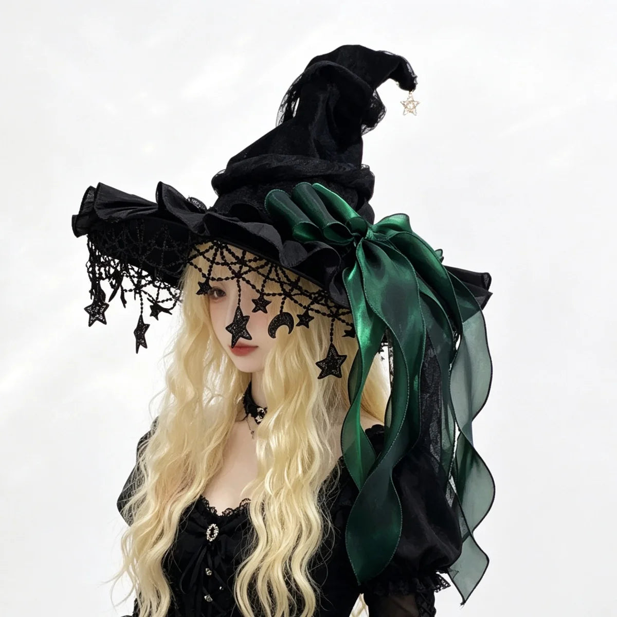 velvet-witch-hat-green-ribbon-worn-gothic-zaranss-mart